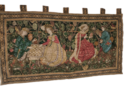Ancienne tapisserie murale scène courtoise millefleurs bordure à rinceaux