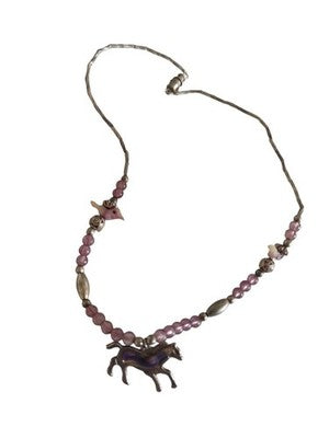 Collier pendentif cheval perles roses vintage bijou fantaisie occasion