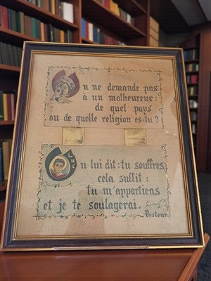 Dessin ancien religieux encadré, illustration Pasteur, lettrines or, calligraphi