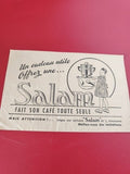 Ancienne carte publicitaire vintage cafetière Salam, illustration rétro noir et