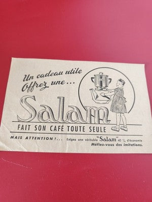 Ancienne carte publicitaire vintage cafetière Salam, illustration rétro noir et