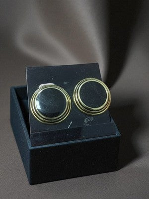 Boucles d’oreilles vintage rondes noir et doré rétro ancien fantaisie