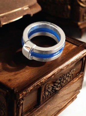 Bague créateur vintage fantaisie bleu argenté design moderne taille 52
