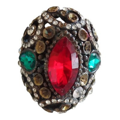 Bague ethnique ancienne laiton cabochons rouge vert strass taille 54 vintage