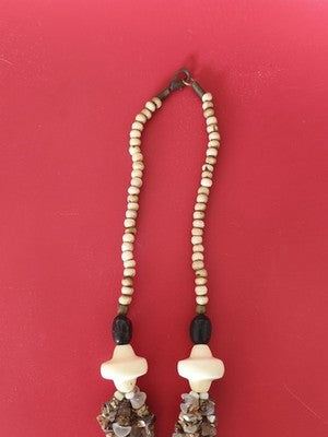 Collier vintage ancien en os et pierres naturelles, bijou rétro authentique à co