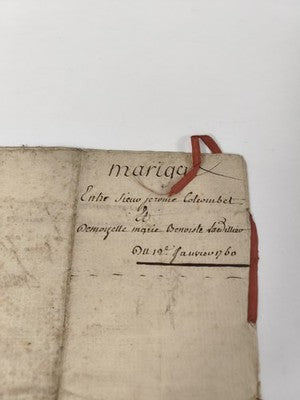 Acte notarié manuscrit 1760, mariage à Saint-Étienne, ruban rouge