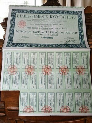 Action au porteur Ryo-Catteau 1920s vintage document financier rétro