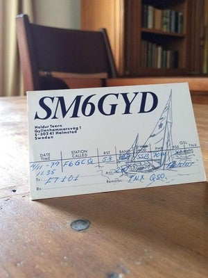 Carte QSL radio amateur SM6GYD vintage 1979 Suède rétro voilier