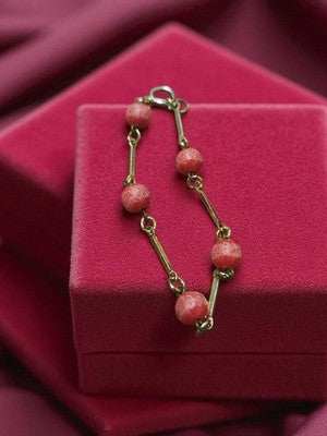 Bracelet vintage métal doré perles roses rétro bijou ancien femme