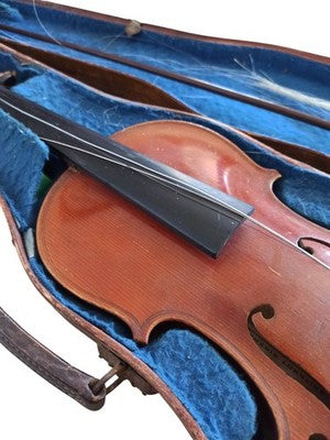 Violon ancien français début XXe, lutherie Lorraine, étui bleu, archet abîmé