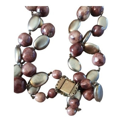 Collier vintage pierres naturelles tons mauve et gris, perles ovales et rondes