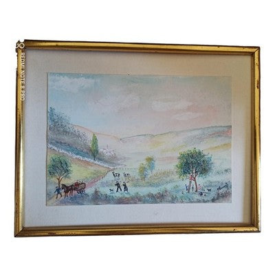 Peinture encadrée signée Laurens paysage campagne milieu XXe aquarelle