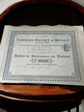 Action au porteur Tavernes Pousset & Royale Paris années 1920 document ancien