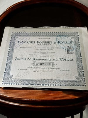 Action au porteur Tavernes Pousset & Royale Paris années 1920 document ancien