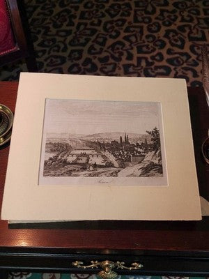 Gravure ancienne Rouen vue panoramique, art vintage déco rétro authentique