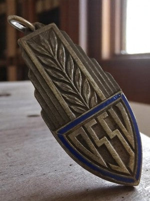 Médaille vintage sport académique 4x100m métal, décor laurier, émail bleu