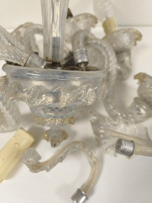 Lustre ancien Murano opaline transparent, 6 bras torsadés, à restaurer vintage