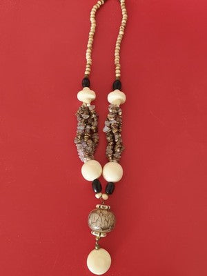 Collier vintage ancien en os et pierres naturelles, bijou rétro authentique à co