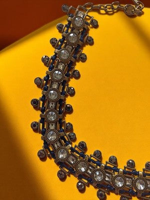 Collier vintage strass fantaisie, style soirée, maille articulée bleu argenté