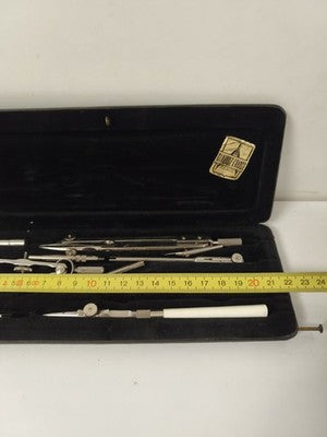 Ancien compas de précision avec étui noir, marque Ancienne, complet vintage