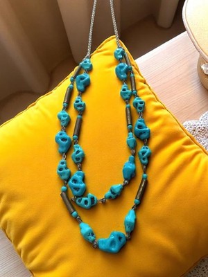 Collier ethnique vintage pierres naturelles turquoise, double rang, pièce unique