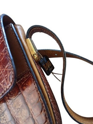 Sac à main vintage Emy Paris cuir marron effet croco bandoulière ancien femme