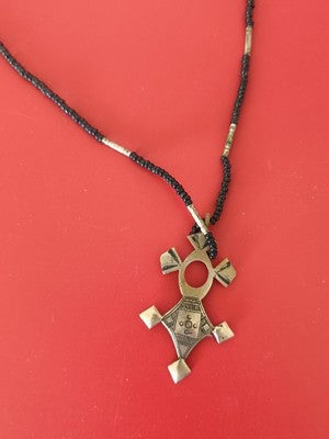 Collier vintage touareg ancien, pendentif croix du Niger ethnique africain rare
