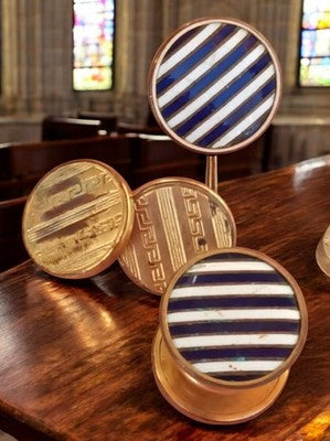 Vintage round gold cufflinks, blue and white stripes and Greek pattern