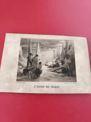 Ancienne carte illustrée "L'Arrivée des Bergers" noir et blanc, vintage décor