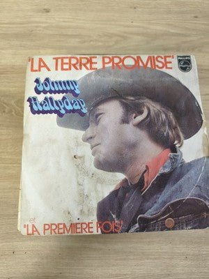 Vinyle 45T vintage Johnny Hallyday La Terre Promise Philips pochette usée