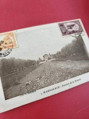 Ancienne carte postale oblitérée Marrakech Pavillon de la Ménara Maroc philatéli