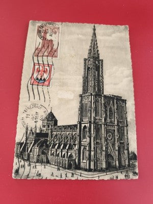 Ancienne carte postale oblitérée cathédrale, timbres anciens, philatélie