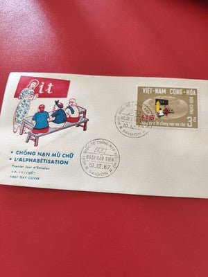 Vintage FDC Vietnam 1967 alphabétisation, enveloppe premier jour illustrée