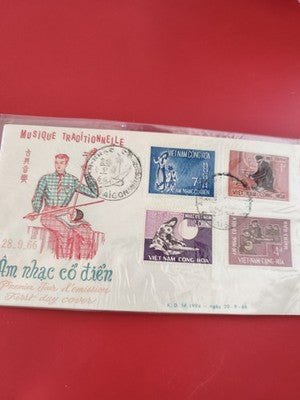 Vintage FDC Vietnam 1966 musique traditionnelle, 4 timbres, cachet Saigon