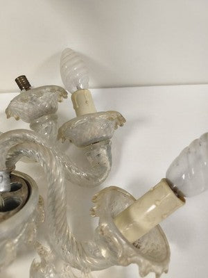 Lustre ancien Murano opaline transparent, 6 bras torsadés, à restaurer vintage
