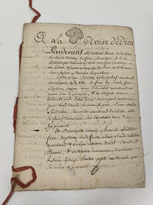 Acte notarié manuscrit 1760, mariage à Saint-Étienne, ruban rouge