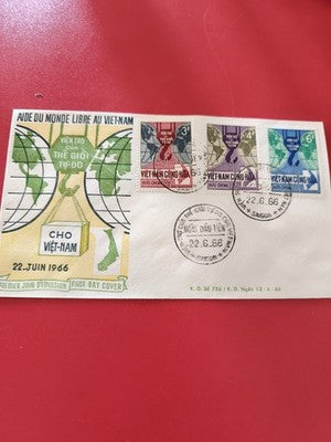 Ancienne enveloppe FDC Vietnam 1966 timbres colorés, premier jour d’émission