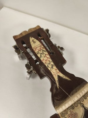 Esraj ancien indien bois et peau, décor gravé, cordes sympathiques