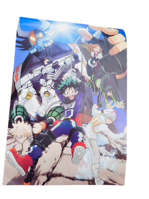 Poster My Hero Academia manga anime, héros principaux, couleurs vives, format ve