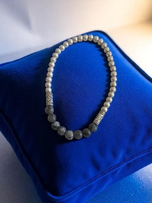 Bracelet vintage perles naturelles gris et argenté style rétro ancien