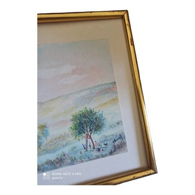 Peinture encadrée signée Laurens paysage campagne milieu XXe aquarelle