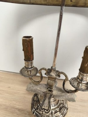 Lampe Napoléon III 1850 tôle peinte, deux lumières, chérubin