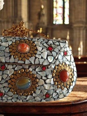 Sac à main vintage mosaïque nacre pierres semi-précieuses chaîne dorée