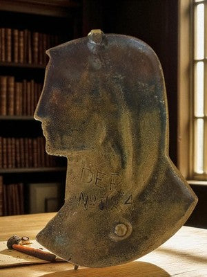 Sculpture murale religieuse bronze doré signée, visage Vierge vintage