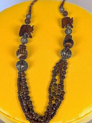 Collier ethnique vintage bois sculpté éléphants, perles métal, pièce unique
