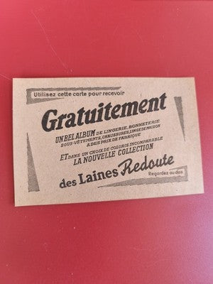Carte publicitaire ancienne vintage Laines Redoute, papier kraft, typographie ré