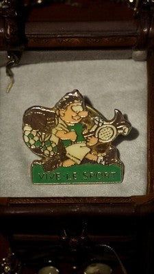 Pin's vintage Vive le Sport années 80, badge rétro émaillé sport cartoon