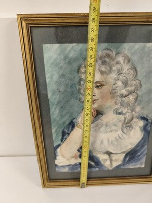 Ancien petit tableau aquarelle, portrait féminin, cadre doré monogrammé