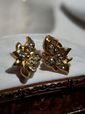 Boucles d’oreilles vintage clips fleur dorée strass, paire rétro années 80