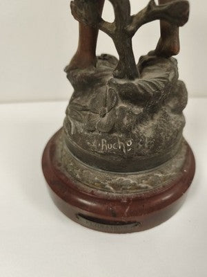 Statue Floraison Ch. Ruchot régule patiné socle bois Art Nouveau ancienne